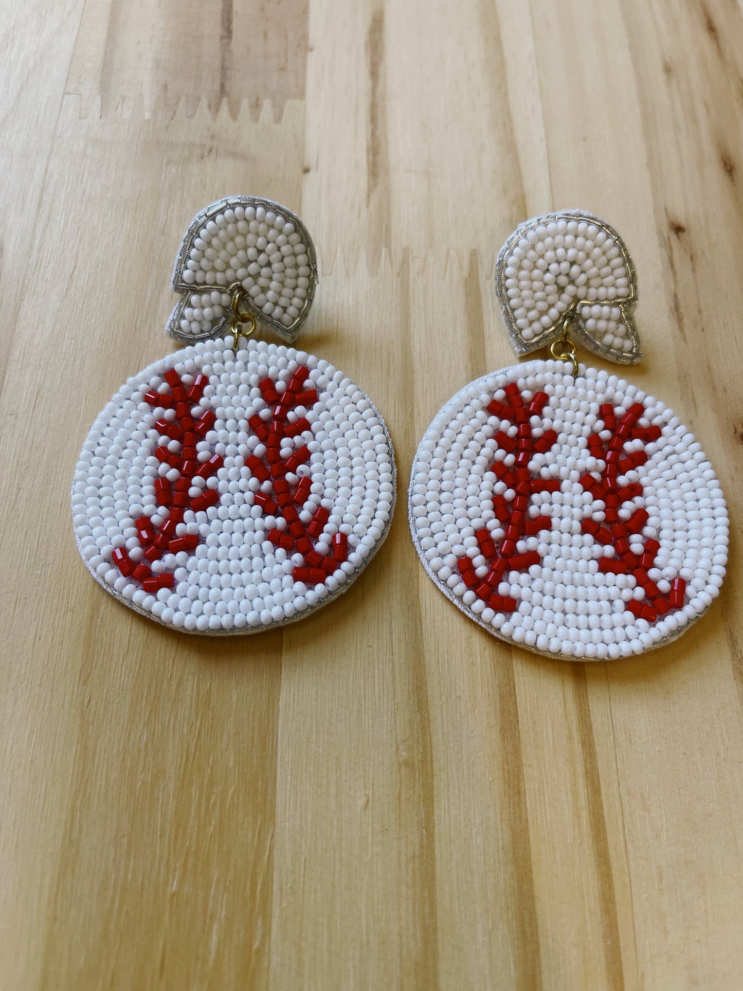 White Baseball Helmet Seed Bead Earrings