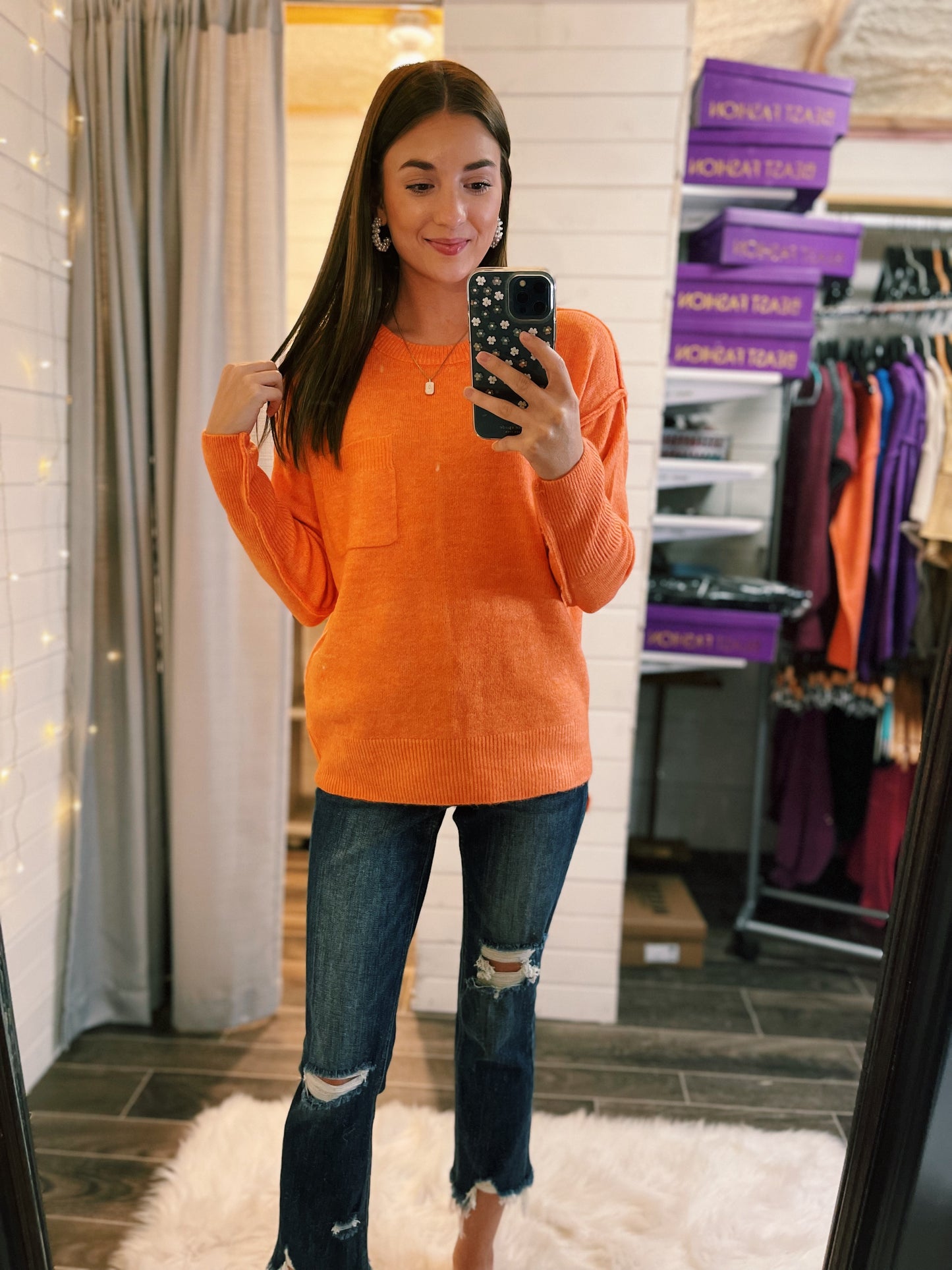 Orange Pocket Lightweight Sweater