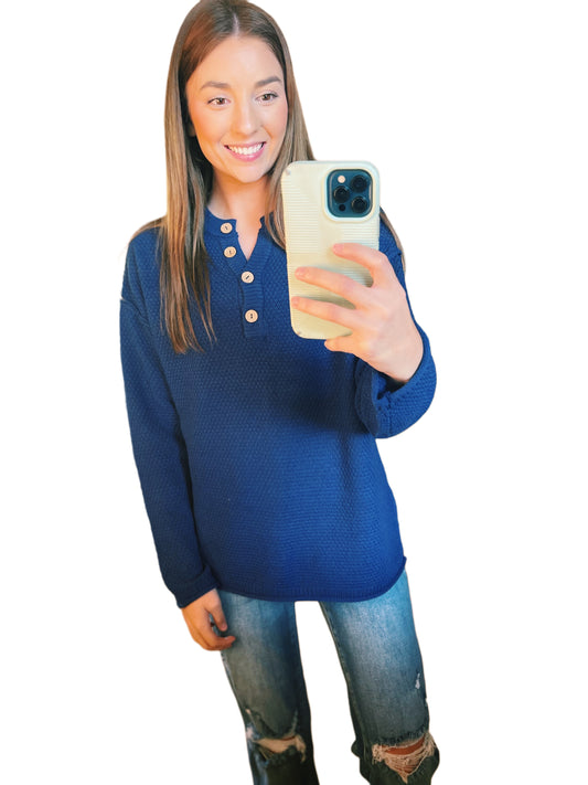 Navy Long Sleeve Button Top