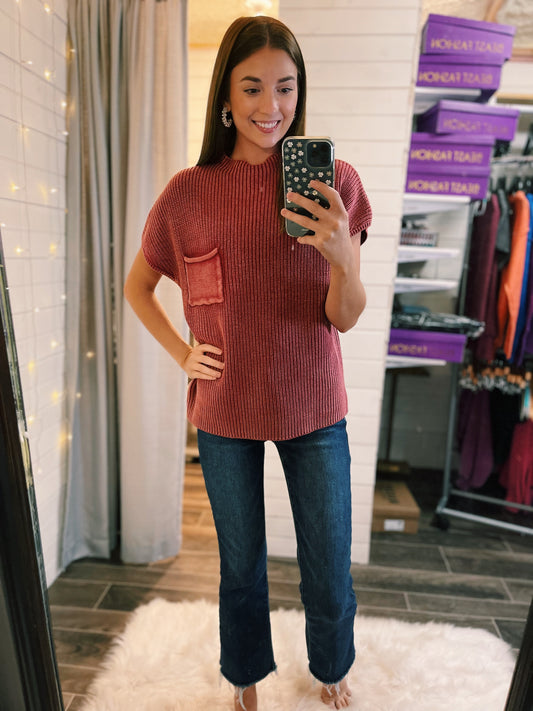 Red Short Sleeve Sweater Top