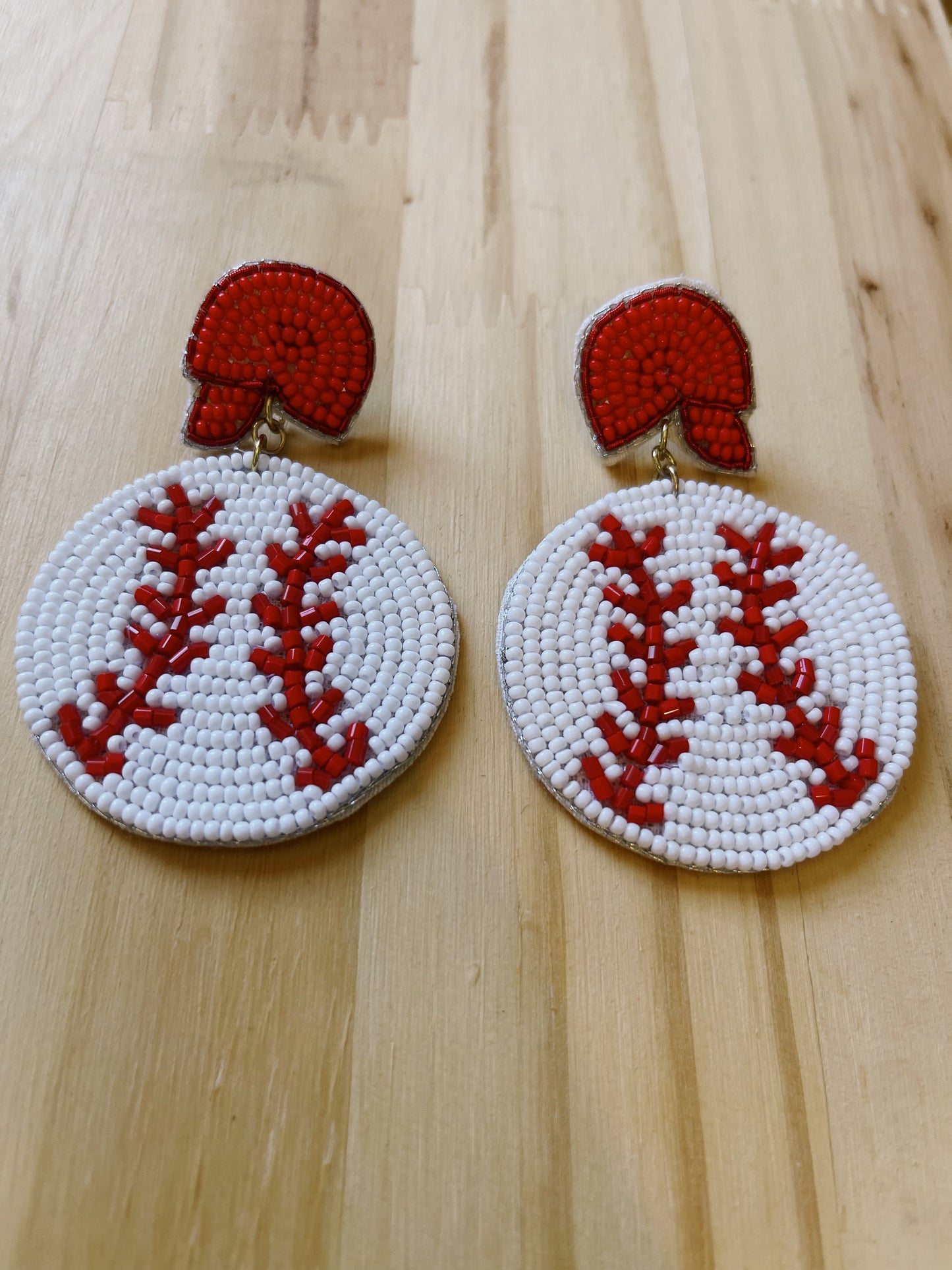 Red Baseball Helmet Seed Bead Earrings