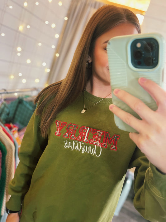 Merry Christmas Embroidered Bow Sweatshirt