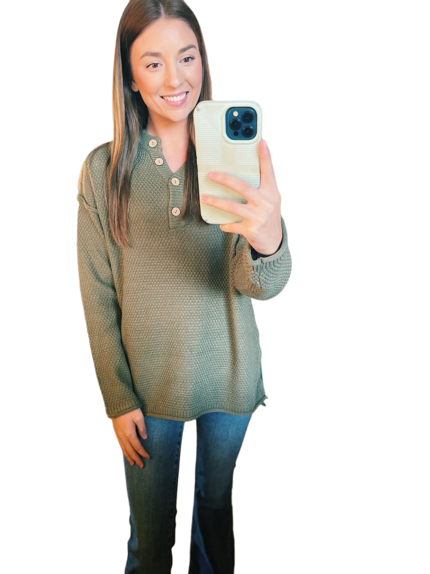 Olive Long Sleeve Button Top