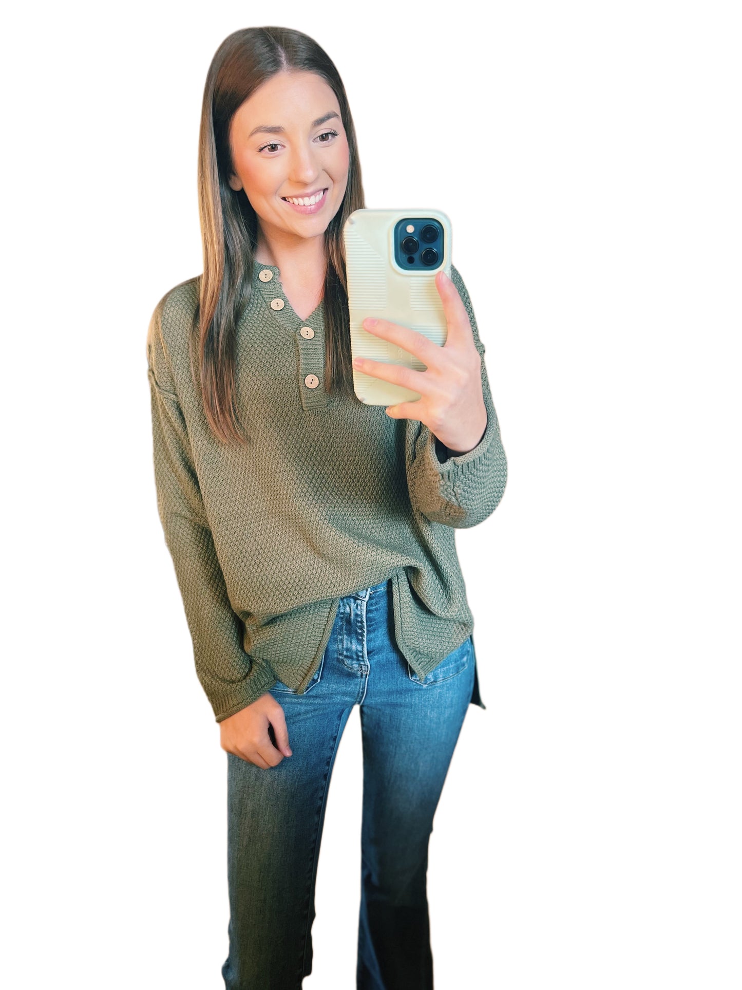 Olive Long Sleeve Button Top