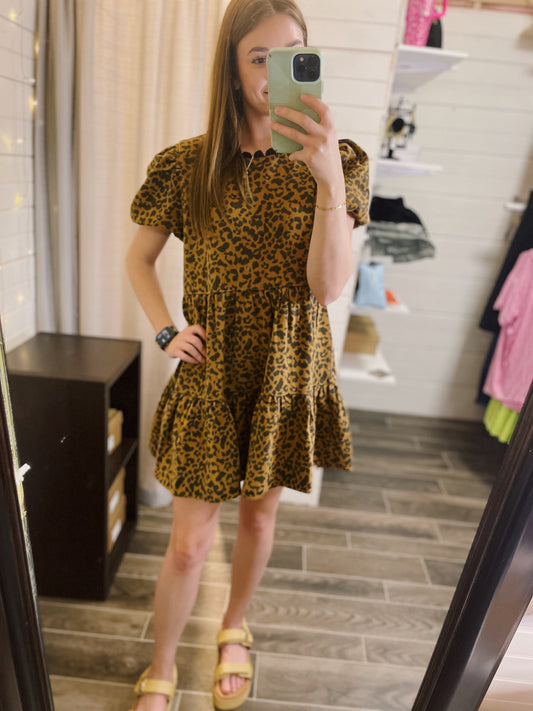 Leopard Denim Puff Sleeve Dress