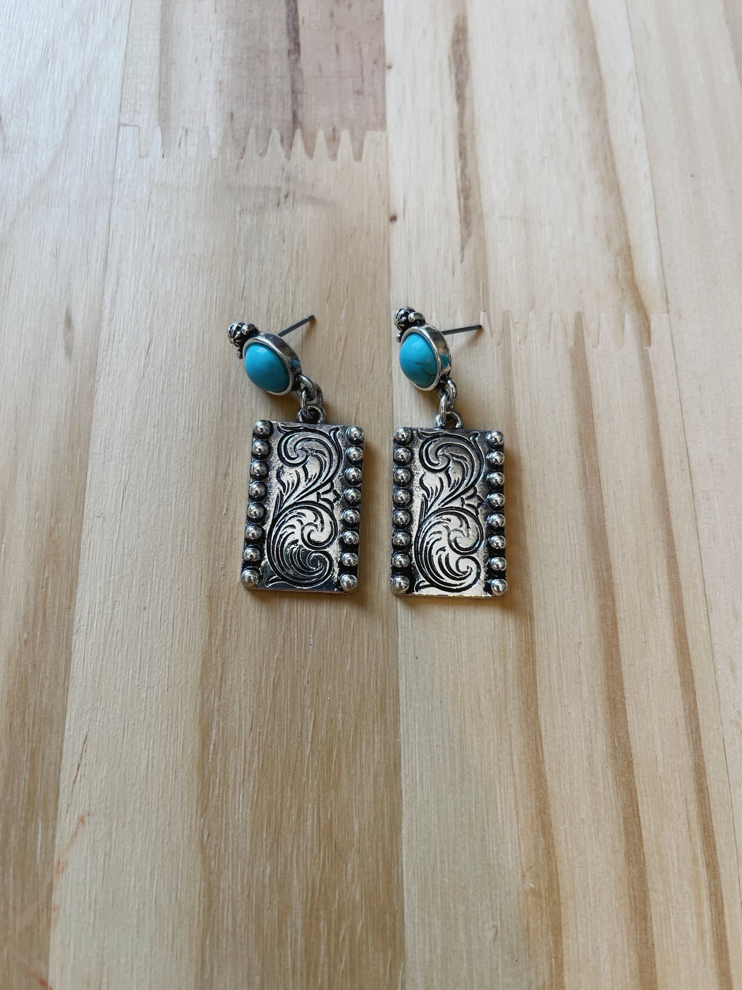 Turquoise Bar Silvertone Earrings