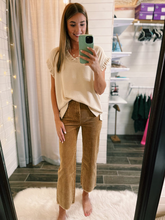 Corduroy Straight Cropped Pants - Camel